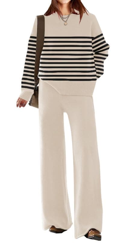 ETCYY NEW Womens Elegant Lounge Sets Knitted Sweatsuit Sets 2 Piece Outfits with Sweater Tops and Wide Leg Sweatpants 115striped Beige