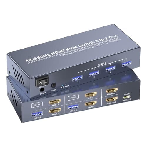 4K60Hz USB30 Dual Monitor HDMI KVM Switch 2 Minitors 2 Computers 2 Port HDMI KVM Switch for Managing 2 PCs with 1 Set of Keyboard and Mouse 4 USB 30 Ports Sharing