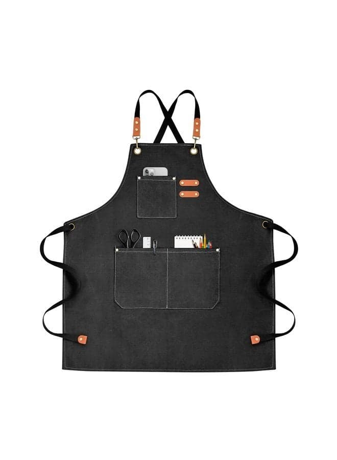 Chef Apron for Men Women Canvas Aprons with 3 Pockets Cross Back Resistant Work Apron for Cooking