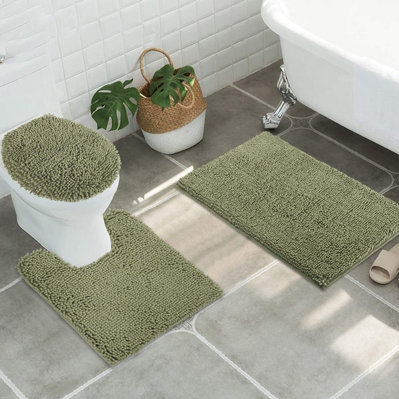 ITSOFT 3pc NonSlip Shaggy Chenille Bathroom Mat Set Includes 24 x 21 Inches UShaped Contour Toilet Rug 34 x 21 Inches Bathmat and 1 Toilet Lid Cover Charcoal Gray