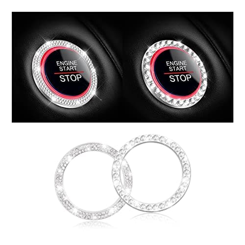 Car Bling Crystal Rhinestone Engine Start Ring Stickers, 1 Single Drainage Drill and 1 Double Drainage Drill Car Start Button Cover, Key Ignition Knob Bling Ring Decals, Bling Car Accessories (Silver)