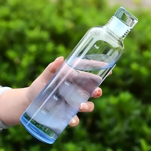 Tap2kaart Borosilicate Glass Water Bottles with Cap, Transparent Water Bottle 500ML Glass Motivational Bottle with Time Marker Cute Glass Milk Juice Drinking Bottles for Women (BLUE 500ml)