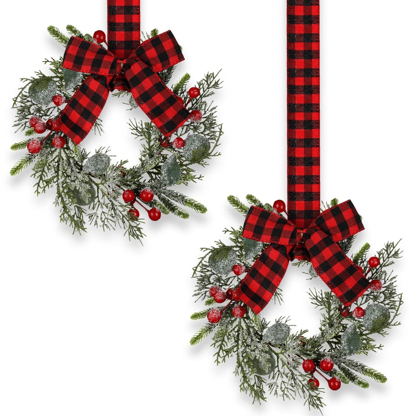 Syhood 2 Pieces 9 Mini Christmas Wreath Mini Cabinet Wreaths for Kitchen Christmas Red Berry with Red and Black Plaid Bow Farmhouse Wreath for Holiday Xmas Party DecorationsBuffalo Plaid Bow