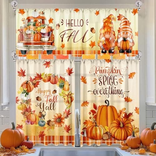 Breling 3 Pcs Fall Pumpkin Kitchen Curtains Valances and Tiers Set for Windows Pumpkins Maple Leaf Gnomes Thanksgiving Decor Short Curtain Set for Bedroom Window Treatment Decor Party Favor Supplies
