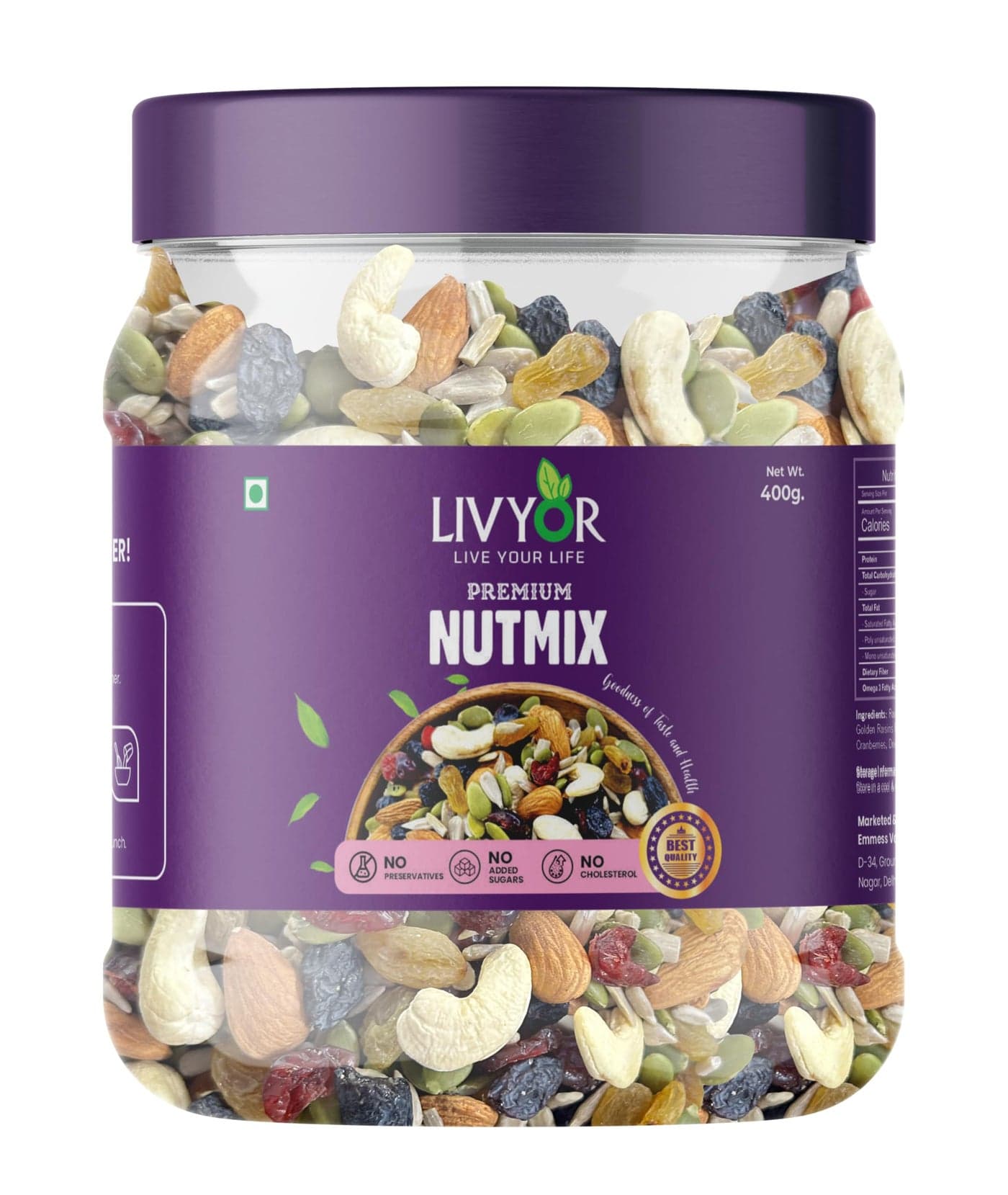 LIVYOR Premium Nutmix For Eating - 400G|Mix Dry Fruits|Trail Mix|Cashews|Almonds|Black Raisins|Golden Raisins|Pumpkin Seeds|Sunflower Seeds|Cranberries & Dried Amla