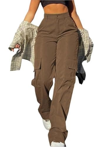 SDNGED Cargo Pants for Women High Waisted Casual Pants Work Pants Baggy Stretchy Wide Leg Y2K Streetwear with Pockets (US, Alpha, Medium, Regular, Regular, Coffee Brown)