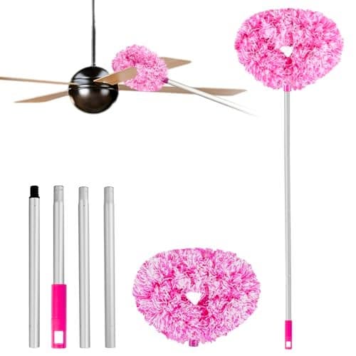 Heonay Ceiling Fan Cleaner Duster Reusable Microfiber Ceiling Fan Blade Cleaner Removable Duster with Extension Pole Adjusts 13 to 49.7 Inch for Cleaning Walls Furniture Door Window Top (Rosy White)