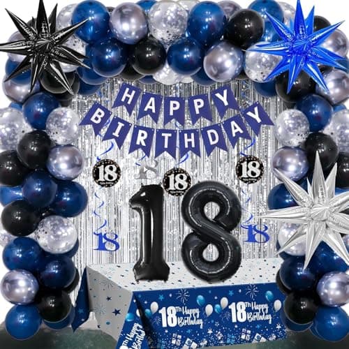 18th Birthday Decorations for Boys Men Girls Dark Blue HAPPY BIRTHDAY Banner Black Number 18 Balloons Tablecloth Foil Backdrop Star Balloons Garland Arch Kit18 Years Old Birthday Party Supplies
