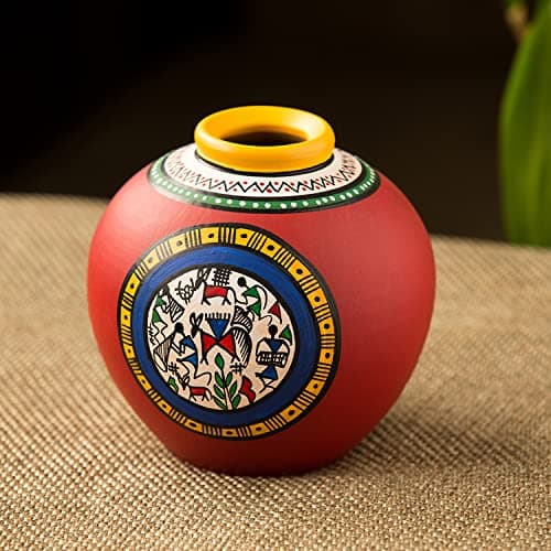 ExclusiveLane 6 Inch Terracotta Handpainted Warli Matki Shaped Flower Vase in Red - Flower Vases for Home Decor Flower Pots for Home Decoration Showpiece Office Décor Decorative Gift Item