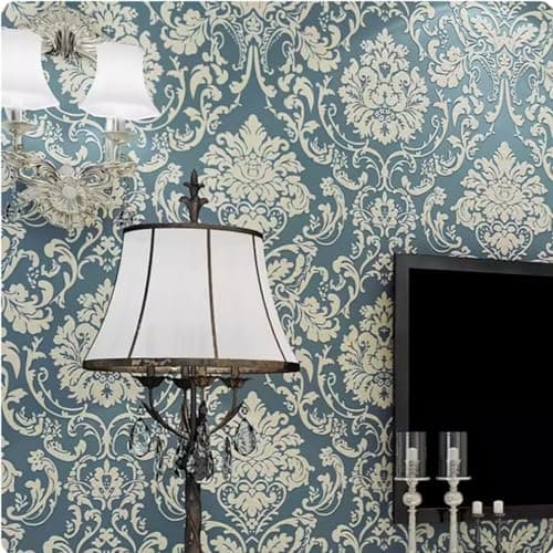 Q QIHANG European Damascus NonWoven Flocking Wallpaper 3D Luxury Living Room TV Background Wall Paper Bedroom Guest Wallpaper NonWoven NonPasted Wallpaper 173 W x 328 L BlueGreen