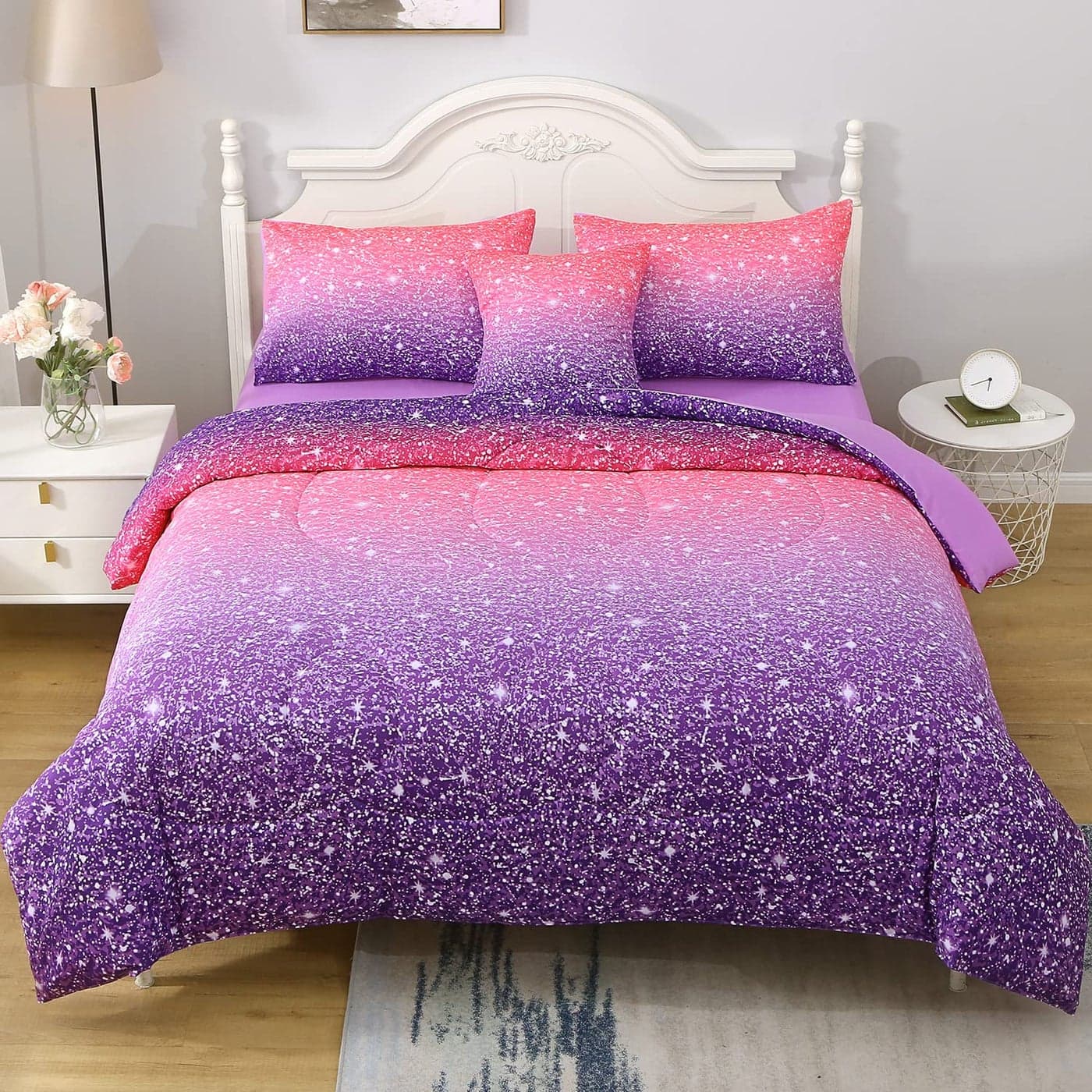 JQinHome Pink Purple Comforter Set FullQueen Size 6 Piece Bed in A Bag 3D Colorful Bedding Set for Girls Women 1 Comforter2 Pillowcases1 Flat Sheet1 Fitted Sheet1 Cushion Cover