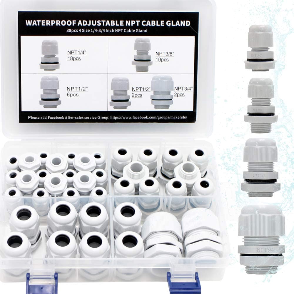 MAKERELE Plastic Waterproof Adjustable 38pcs NPT Cable Connectors Kit 14 38 12 34 Grey Cable Glands Nylon Joints With Gaskets