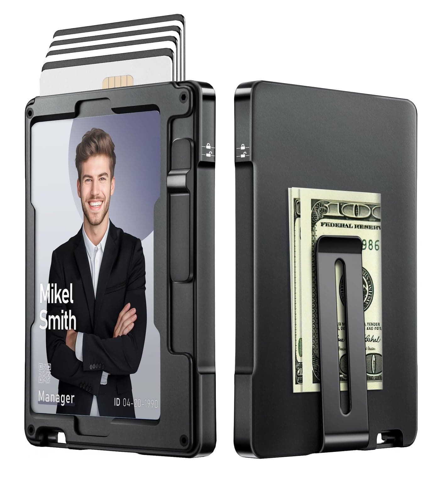 umoven Minimalist Wallet for Men, Slim Aluminum Metal Money Clip Card Holder, Pop-Up Card Case, RFID Blocking Mens Wallet with ID Window, Front Pocket Wallet for Men(Black)