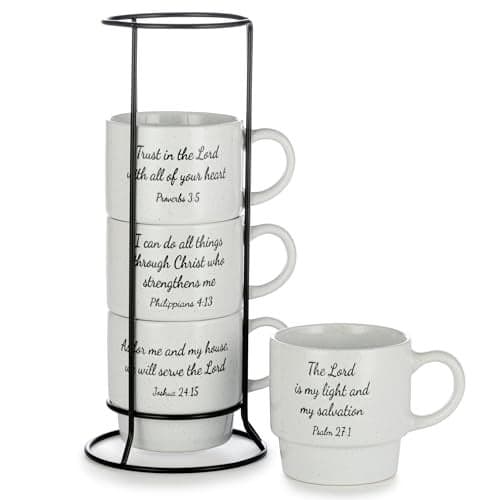 Signature Housewares Stackable Coffee Mug Tower Set with Metal Wire Rack - 15 Ounce Coffee Mugs for Coffee, Tea, Cocoa, Milk, Cappuccino, Hot Chocolate Set of 4 - Inspirational Bible Verses