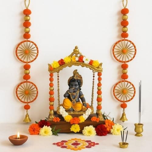 Wanna Party Pack of 2 Festive Orange Ring & Bell Hangings with Marigold Pom Poms (3 Ft) for Home Decoration, Door Toran, Pooja Room, Diwali, Navratri, Haldi, Mehandi & Festive Occasions