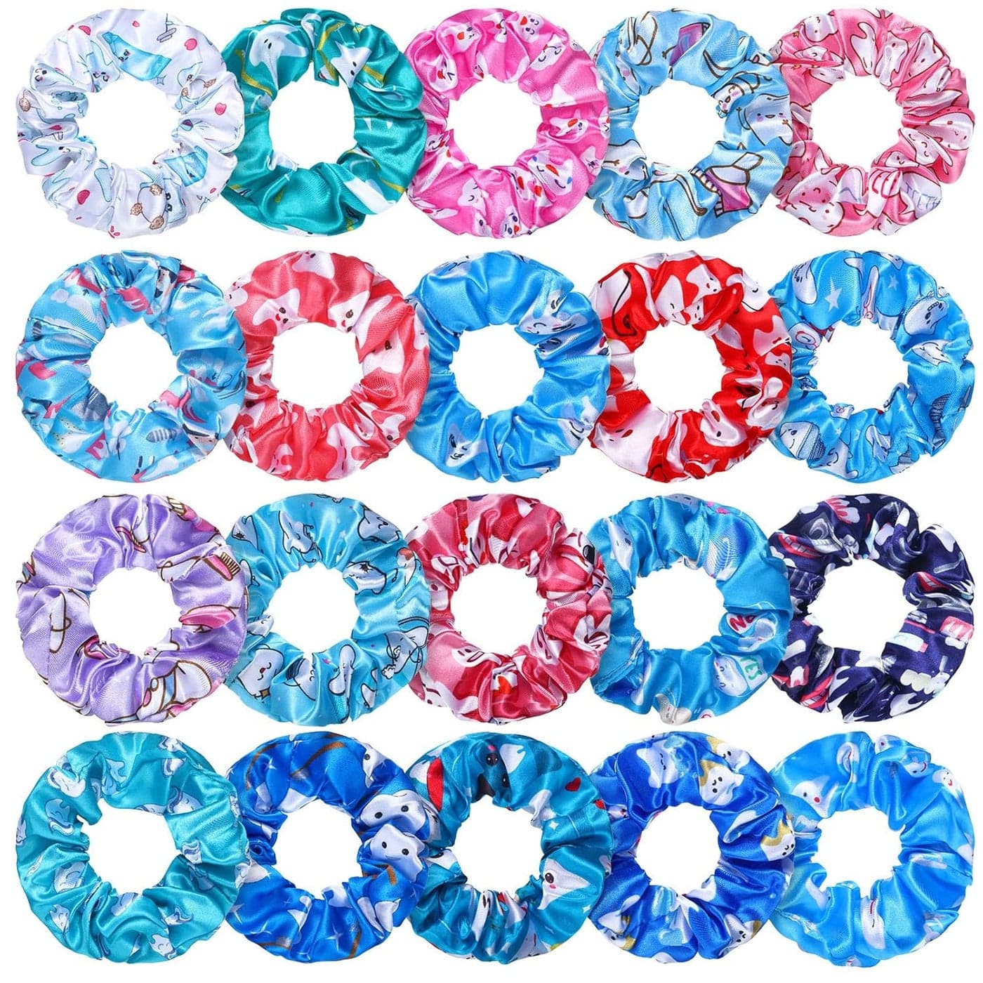 WILLBOND 20 Pieces Dental Hygienist Gifts Dental Assistant Hair Scrunchies for Women Tooth Elastic Hair Holder Hygiene Ponytail Teeth Pattern Hair Scrunchies for Women Girls