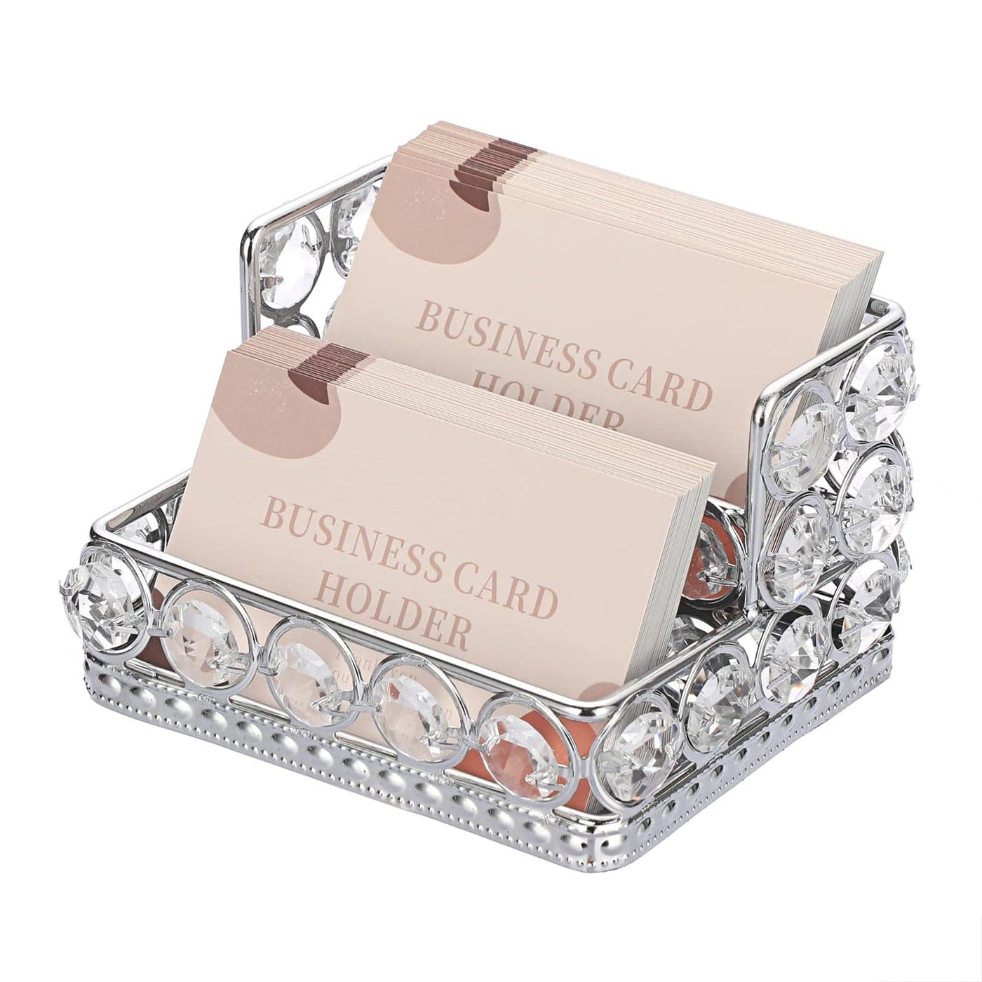 Hipiwe Silver Business Card Holder 2 Tiers Crystal Business Card Display for Office Desk Stand with 2 Slots Organizer