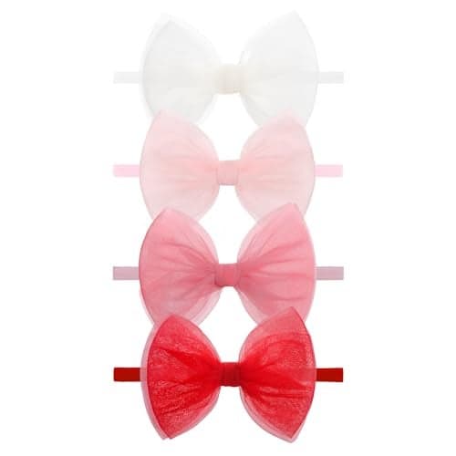 ONENINEDREAM 4 Pcs 45 Organza Lace Bow for Baby Girls White Headbands Pink Mesh Hair Bows Baby Shower Gifts for Newborn Infant Toddler Girl