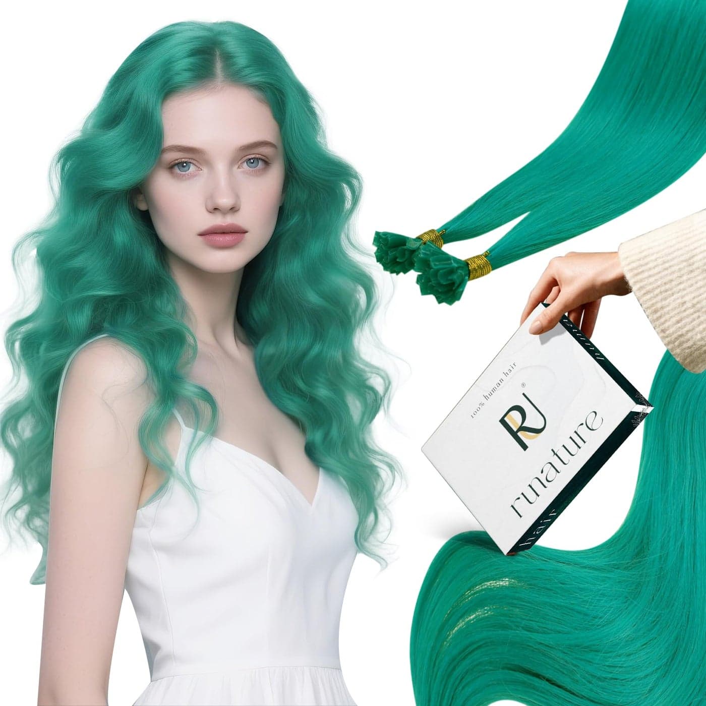 RUNATURE U Tip Hair Extensions Human Hair 16 Inch K Tip Hair Extensions Real Human Hair Keratin Tip Extensions Hot Fusion Remy Hair Teal Hair Extension for Kids Highlight 20g 25s