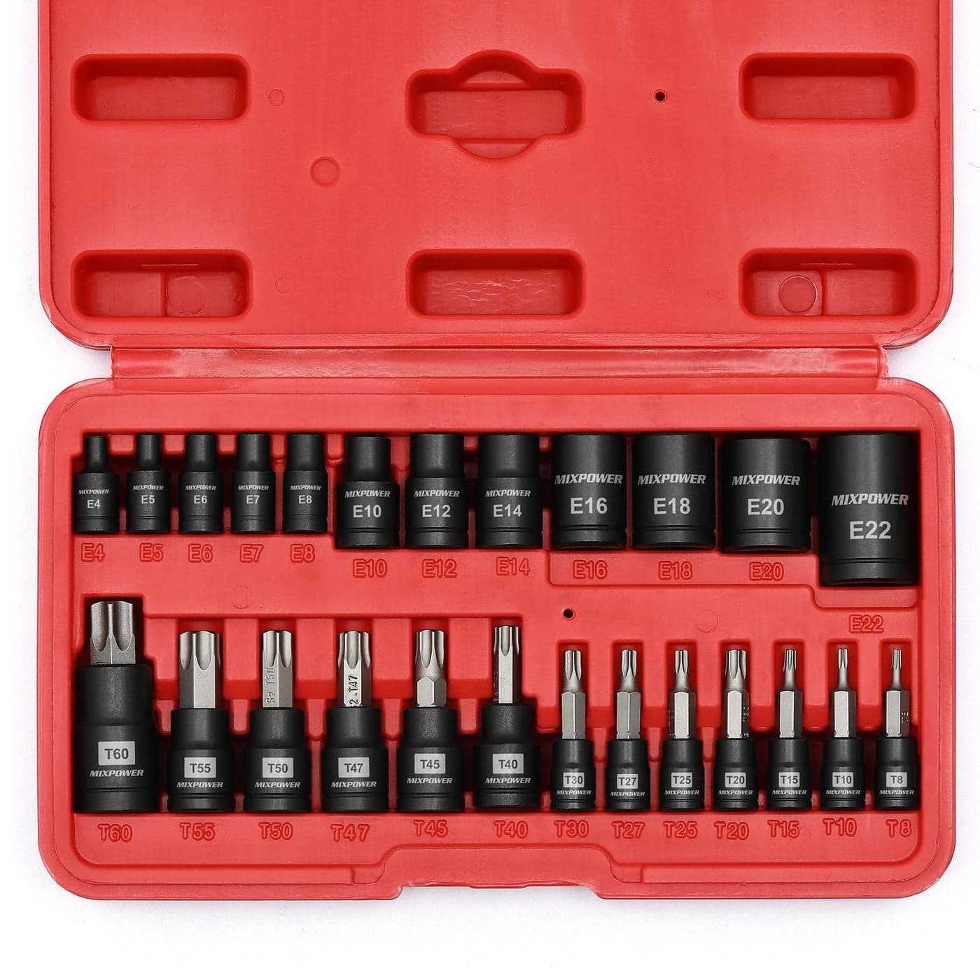 MIXPOWER 25 Piece Torx Bit and Socket Set 13 Star Bits T8 T60 12 ETorx Sockets E4E22 Professional Grade Auto Motorcycle Mechanic Set