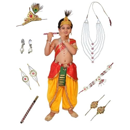 Kaku Fancy Dresses Silk,Polyester Krishna Costume For Kids Infant Baby Krishna Dress For Boys (Set Of 11 - Red Dhoti,Patka(Stole),Belt,Mukut,Layer Pearl Mala,Moti Bajuband,Earrings,Bansuri&Morpankh)
