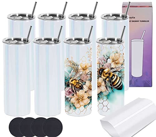 Wzaytia Glitter Sublimation Tumblers 20 Oz Skinny Straight 8 Pack Sublimation Glitter Shimmer Tumbler Blanks Individually Boxed Stainless Steel Tumblers White