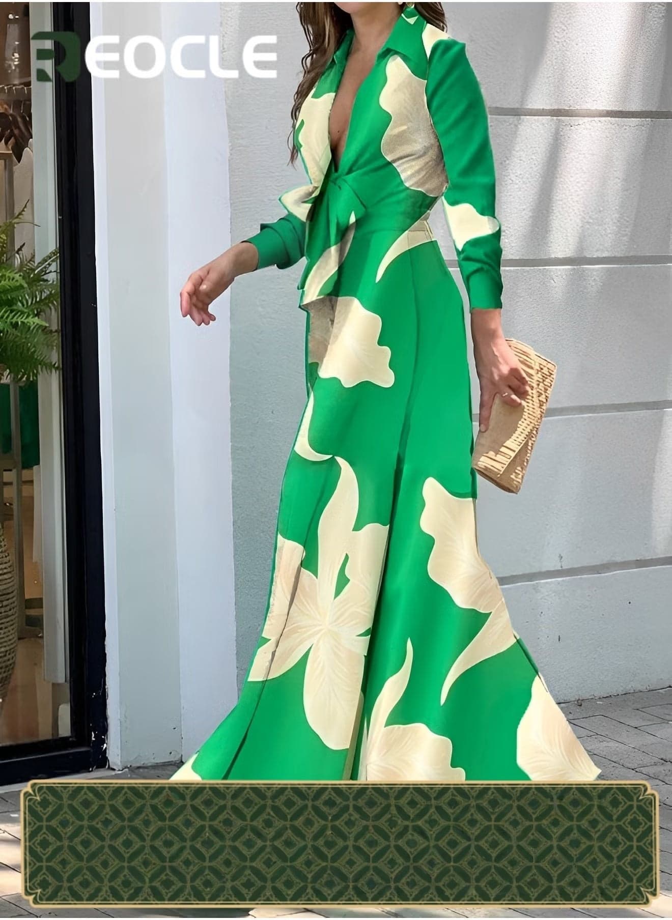 Fashionable V-neck Long-sleeved Lapel Printed Loose Wide-leg Jumpsuit for Women With Waist Design and Wide Swing Modify The Leg Shape