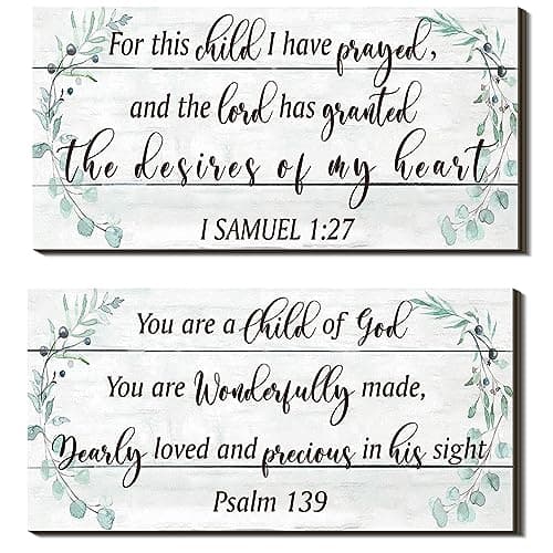 Yookeer 2 Pcs Nursery Wall Art Wooden Baby Room Wall Decor This Child I Have Prayed Bible Quote Hanging Sign for Girls Boys Teen Home Room Bedroom PlayroomGreenery