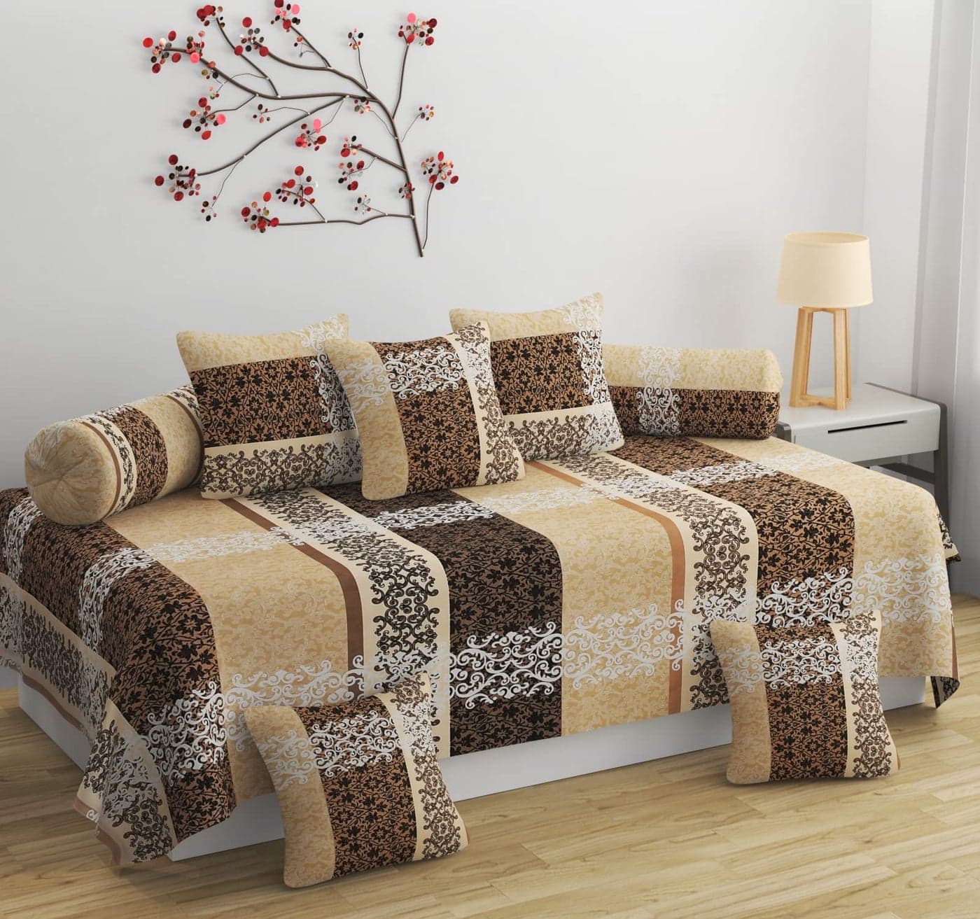 BROMWICK Modern Art Printed Microfiber Diwan Set 8 Pieces, 1 Single bedsheet, 5 Cushions Covers and 2 Bolster Covers - Black & Beige