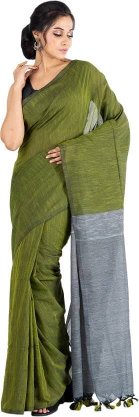 Bong ButiQ Women & Girls Embroidered Solid/Plain Bollywood Handloom Cotton Blend Saree For Office | Party | Casual (Green)