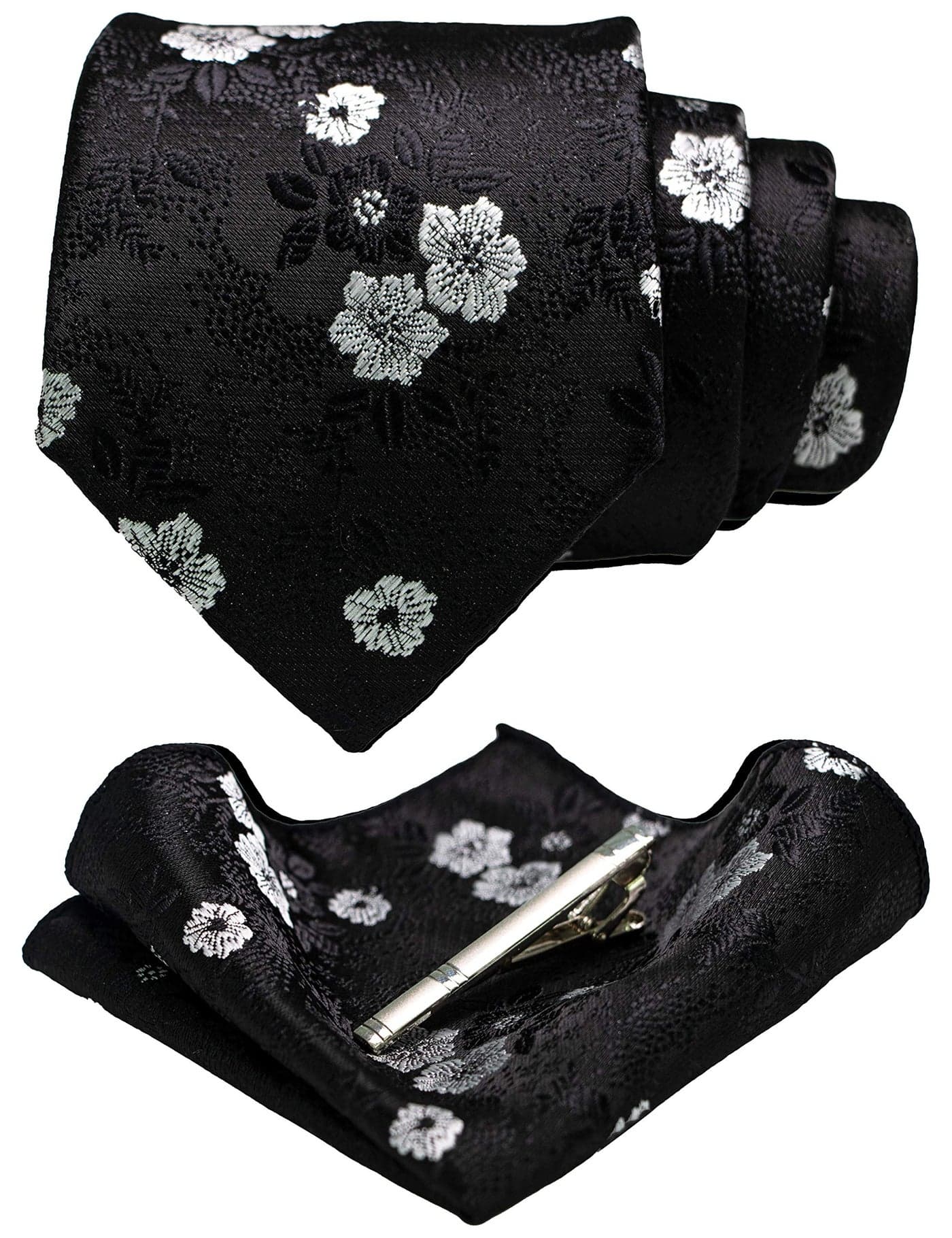 JEMYGINS Silk Black White Floral Necktie and Pocket Square, Hankerchief and Tie Bar Clip Sets for Men (6)
