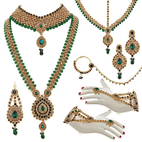 Lucky Jewellery Bridal Dulhan Designer 18k Gold Plated Gold Green Color Pearl Stone Set 9 pcs. for Women & Girls (3630-IZS-1611-LCT-G)