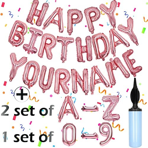 76pcs Happy Birthday Balloon Banner Rose Gold Balloons Letters Personalized 16 Mylar Foil Birthday Decorations include 2 Sets A Z 1 set Number 09 and HAPPY BIRTHDAY letters with Balloon Pump
