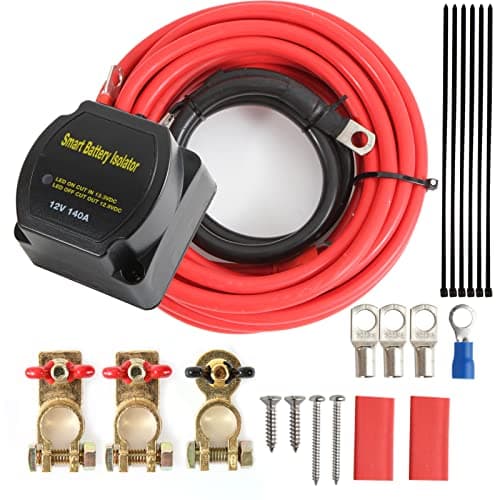 Battery Isolator 12V Kit 140Amp Split Charge Relay with 20ft 6AWG Wiring Cable Kit, Automatic Dual Battery Isolator Kit Voltage Sense Relay for Marine, ATV, UTV, RV, Car