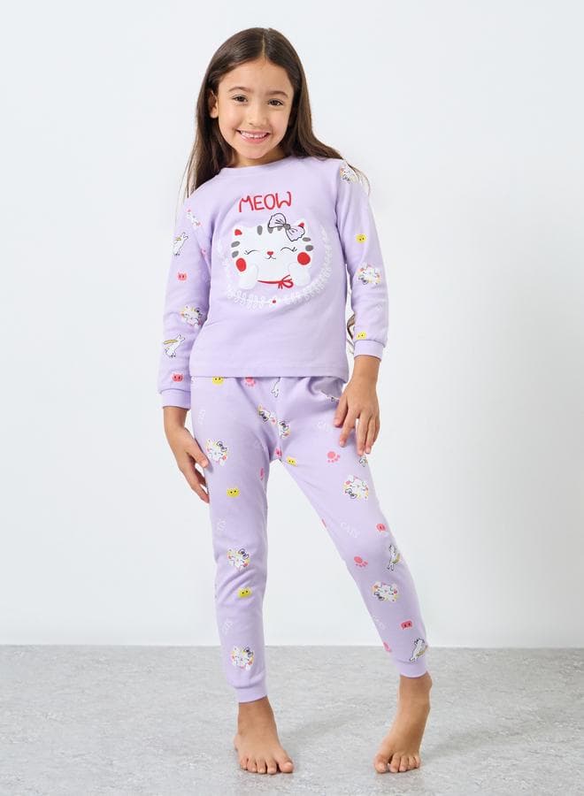 Styli Girls Lilac Cat Graphic Top and Pyjama Set