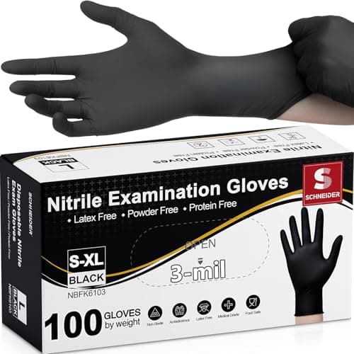 Schneider Nitrile Exam Gloves, Black Latex Free Powder Free Disposable Gloves for Medical, Cooking, Cleaning, and Food Prep (X-Large, 100)