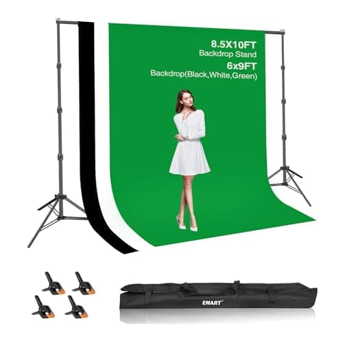 EMART 85x10ft Green Screen Backdrop Kit with 6x9ft Polyester BackdropBlackWhiteGreen Adjustable Photography Background Support System for Studio Photography Parties Wedding Video Shooting