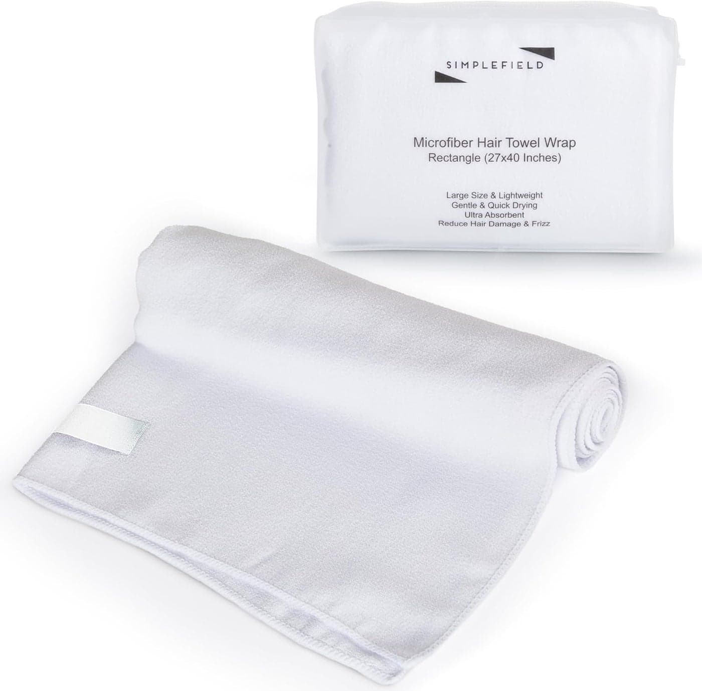 Large Microfiber Hair Towel Wrap for Women (27x40 Inches). Anti Frizz Rectangle Drying Towel with Elastic Band for Long, Curly, and Thick Hair. Includes Reusable Carry Bag (Bright White)