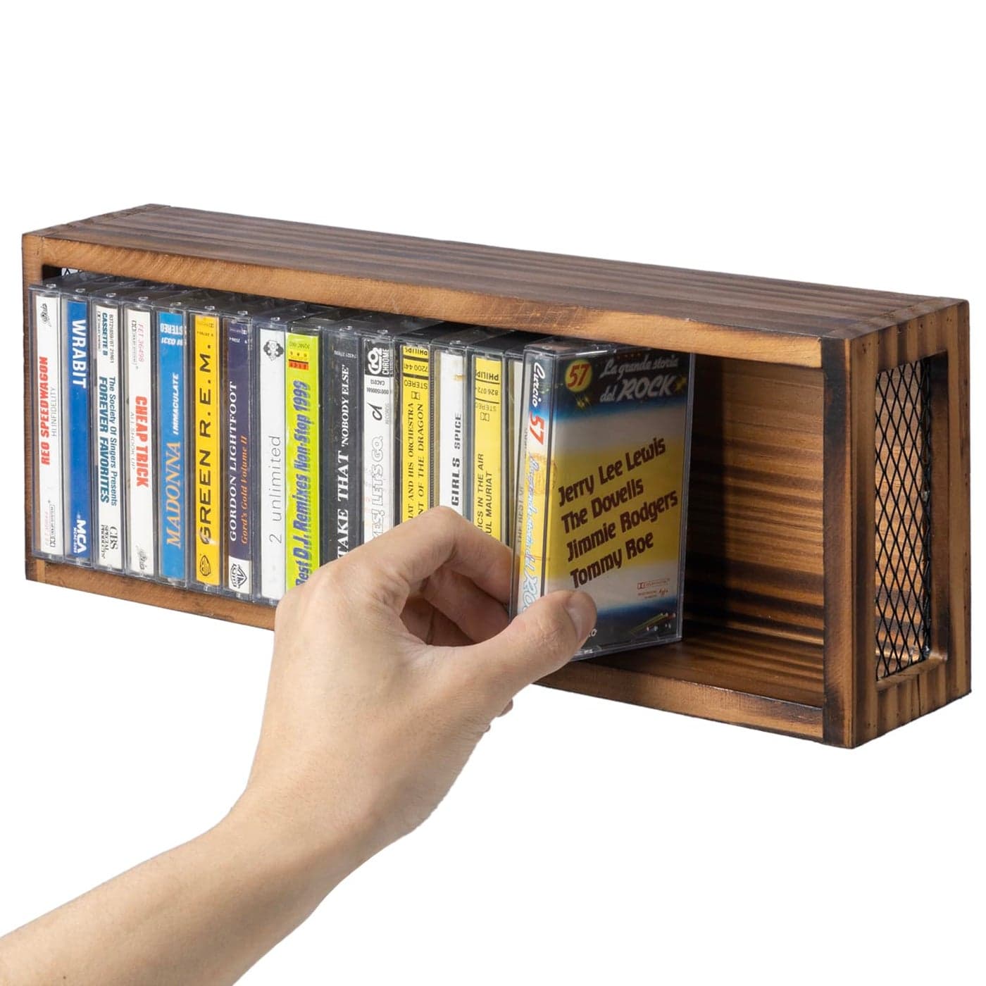 FARM IN Cassette Tape Storage Farmhouse Style Cassette Rack Towe for Table or Wall Mount Rustic Solid Burnt Wood Diamond Metal Wire Mesh