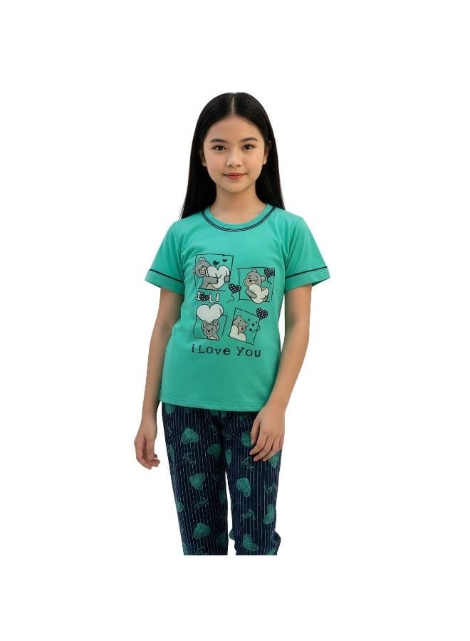 Girl's I Love You Print Short Sleeve Shirt & Long Pants Pajama Set, Mint Green