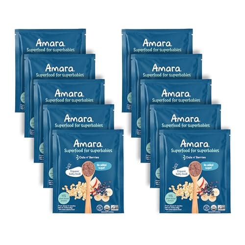 Amara Organic Baby Food | Oats and Berries | Baby Cereal to Mix With Breastmilk, Water, or Baby Formula | Baby Food Pouches, Made from Organic Fruit and Veggies | Stage 2 | 10 Pouches