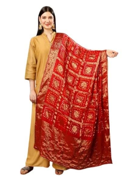 A R Silk Women's Silk Gharchola Jaipuri Bhandej With Lotus Zari Work Red Fancy Dupatta(ARS0825)