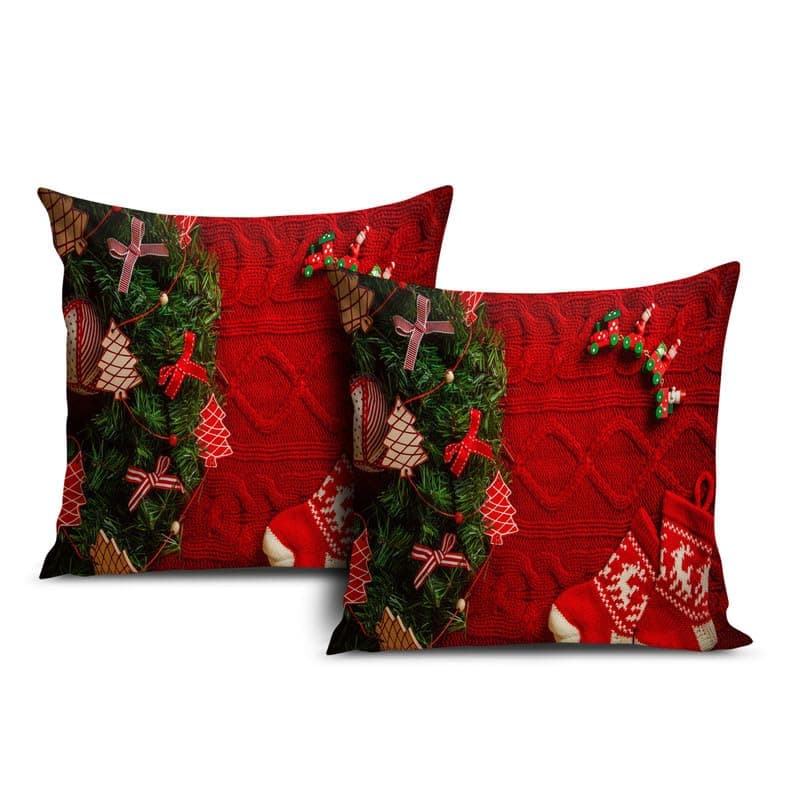 BMRGIFTS Jute Fabric Designer Decorative Printed Merry Christmas Theme Cushion Cover Xmas Decorations for Sofa Living Room Set of 2 12 x 12 inch Multi (CHMCC63)