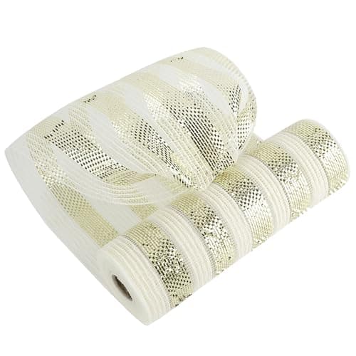 MEEDEE Champagne Deco Mesh 10 Inch Cream Cotton Deluxe Wide Foil Metallic Striped Deco Mesh Champagne Mesh Ribbon for Christmas Tree Wreaths Garland Gift Wrapping Bows Making 30 Feet