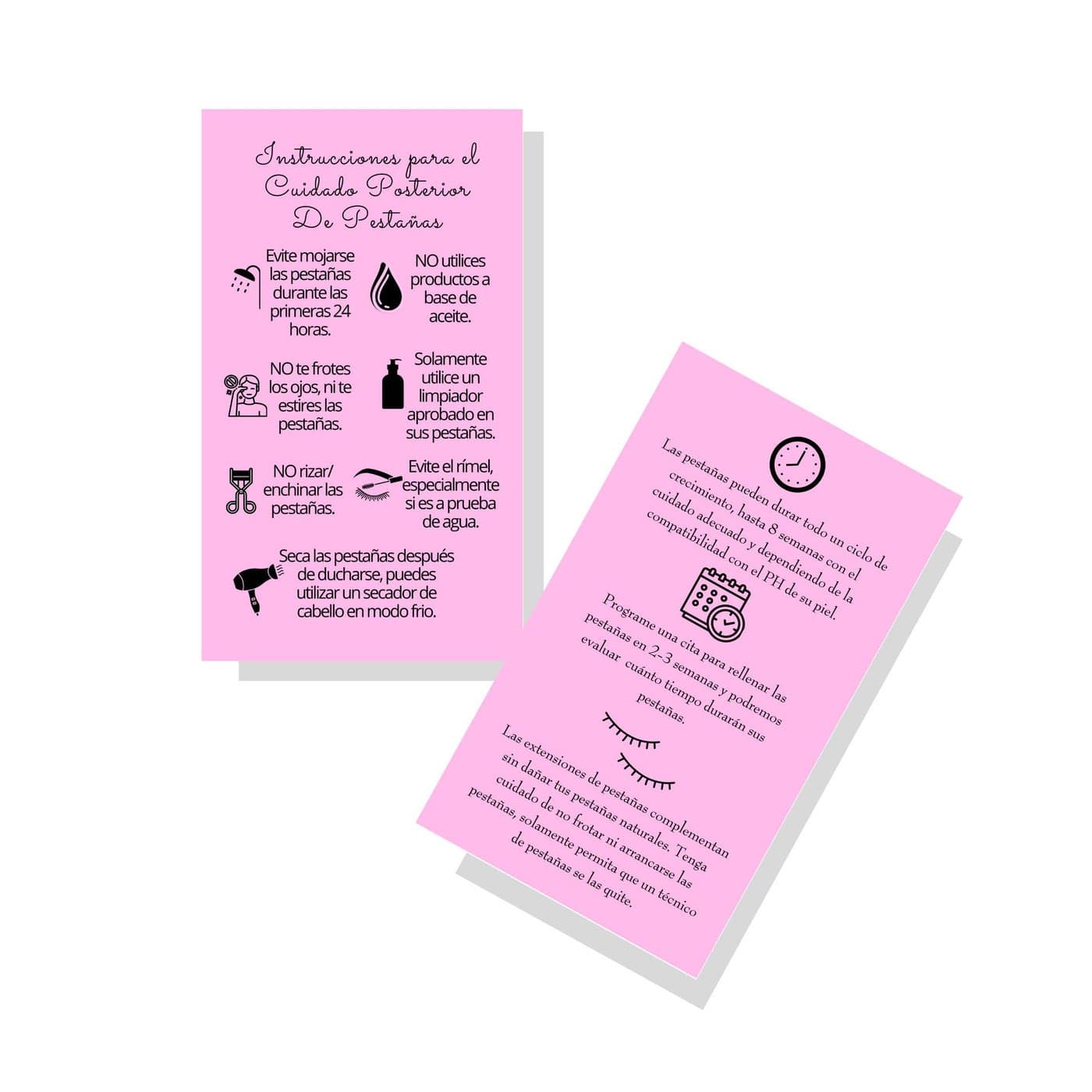 Boutique Marketing LLC Spanish Lash Extension Aftercare Instructions Cards Package of 50 Double Sided Size 2 x 35 inches 23 Week Fillers Bubblegum Pink black Design