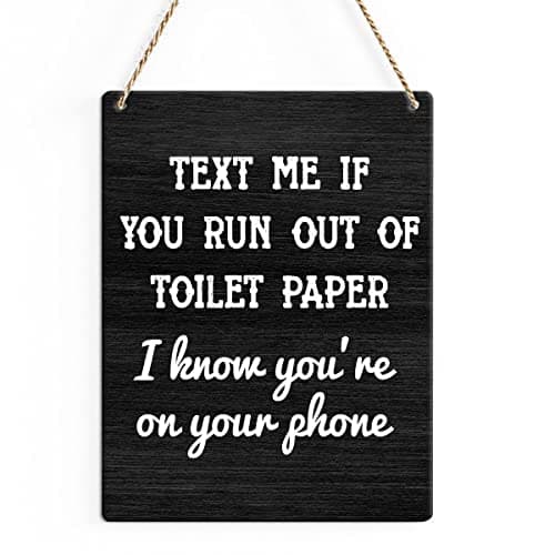 SENJIAN Rustic Bathroom Wood Decor Sign, Text Me If You Run out of Toilet Paper Printed Wood Sign Wall Art, Hanging Door Sign, Decorative Wood Sign Home Bathroom Toilet Decor 8" x 10"