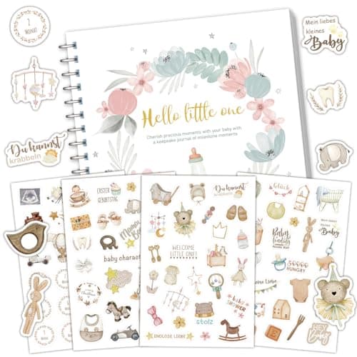 SNOWIE SOFT® DIY Baby Record Book with 4 Sticker Sets, Baby Journal Memory Book Minimalist Photo Album Journal Newborn Scrapbook for New Parents Gift for New Born Infant Boy Girls ''Hello Little One''