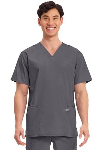 Cherokee Men's V-Neck Top Traditional fit with 4 Pockets, Ultra Soft, Durable, Fade Resistant, 2-Way Stretch Fabric - WW695, XL, Pewter