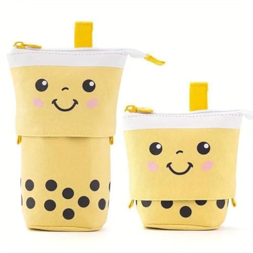 FunBlast Standing Pencil Case, Cute Pencil Pouch for Girls & Boys – Korean Boba Pop Up Stationery, Cosmetic Organizer Box, Pouches for Stationary Boys Kids Women School Students (Yellow)