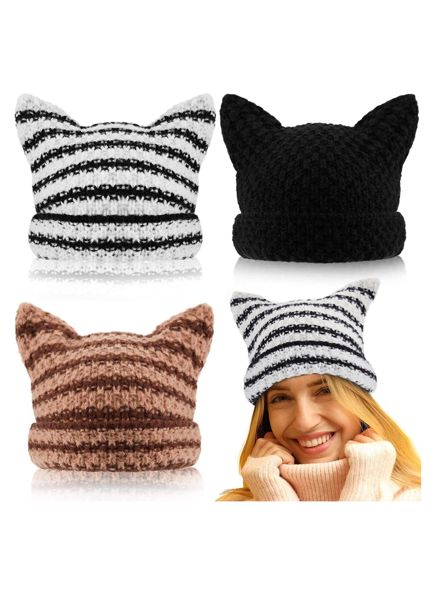Winter Warm Cap, 3Pcs Women Knitted Beanie Set with Cat Ears and Horns, Slouchy Crochet Hat for Cold Weather, Stylish and Cozy Knit Caps for Women